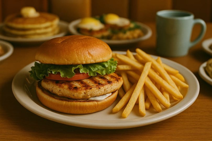 A grilled chicken sandwich with lettuce, tomato, and fries, with breakfast items in the background.