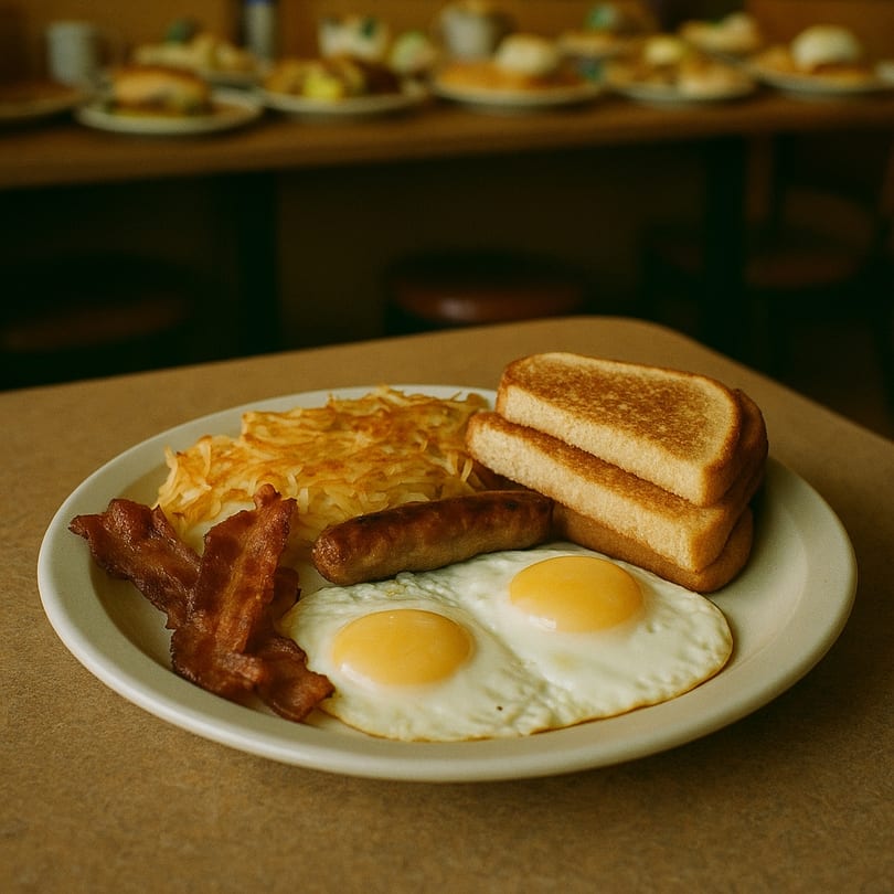 A Country Cafe breakfast plate with fried eggs, bacon, sausage, hash browns, and toast.